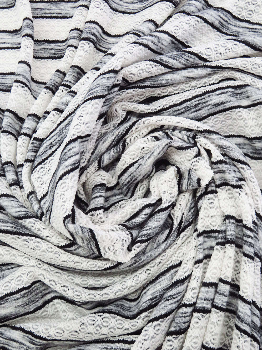 White/Heathered Black Polyester/Lycra Horizontal Multi Stripe Novelty Weave Knit 60W