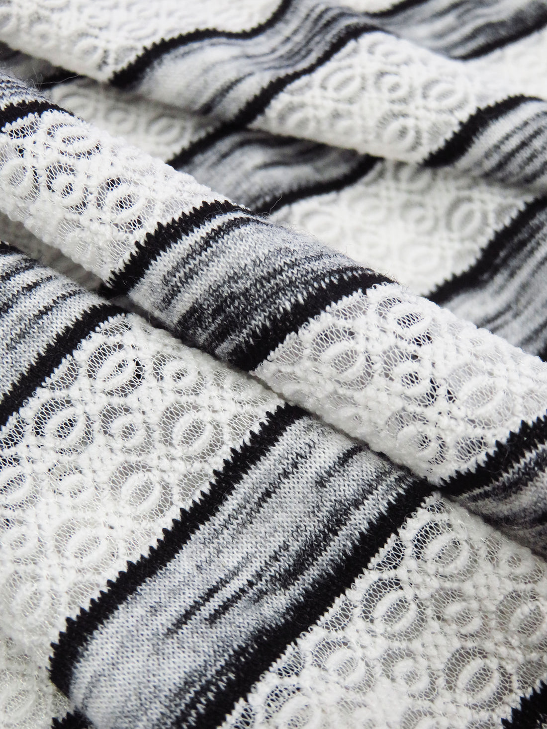 White/Heathered Black Polyester/Lycra Horizontal Multi Stripe Novelty Weave Knit 60W