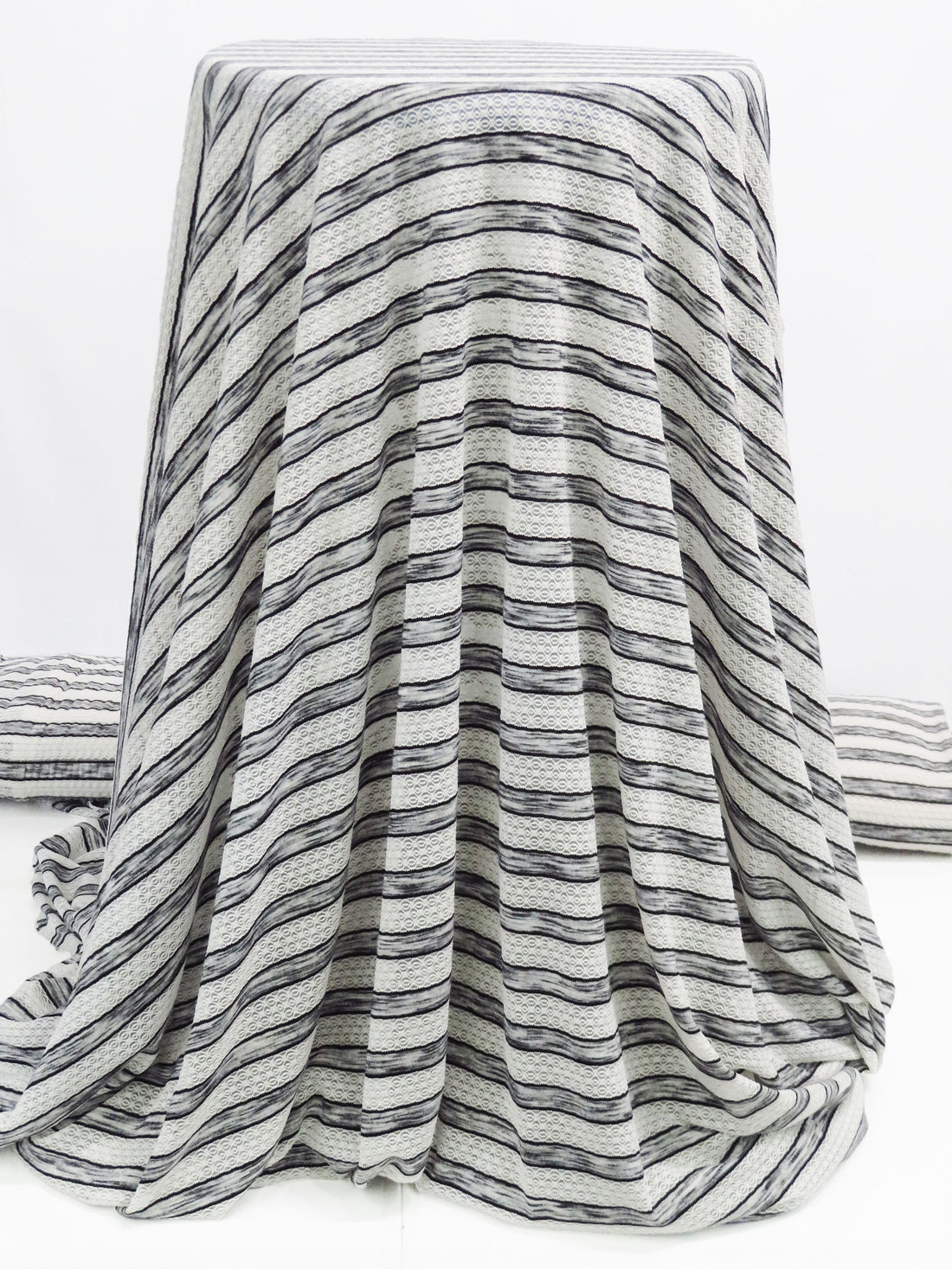 White/Heathered Black Polyester/Lycra Horizontal Multi Stripe Novelty Weave Knit 60W