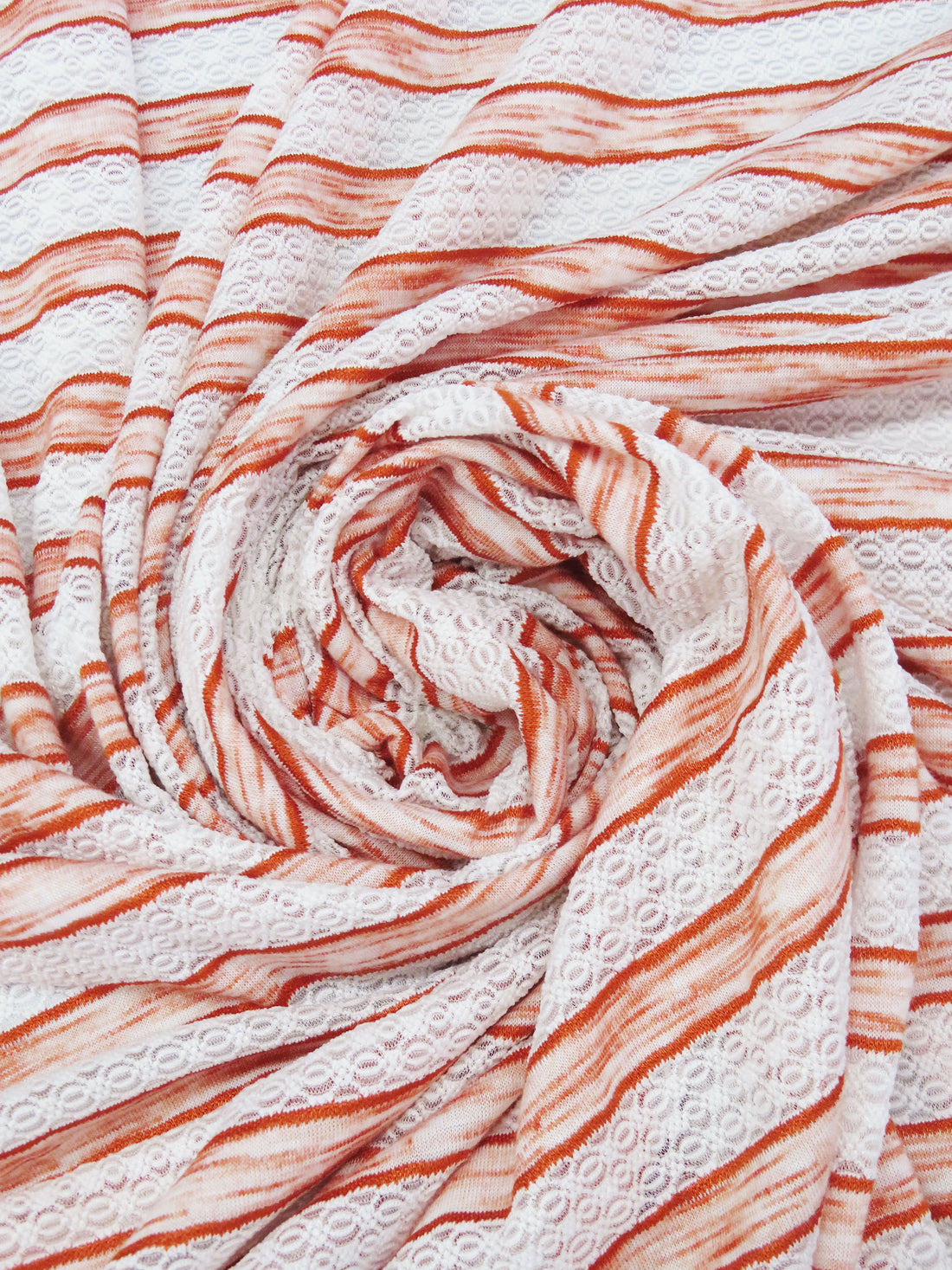 White/Heathered Flame Orange Polyester/Lycra Horizontal Multi Stripe Novelty Weave Knit 62W