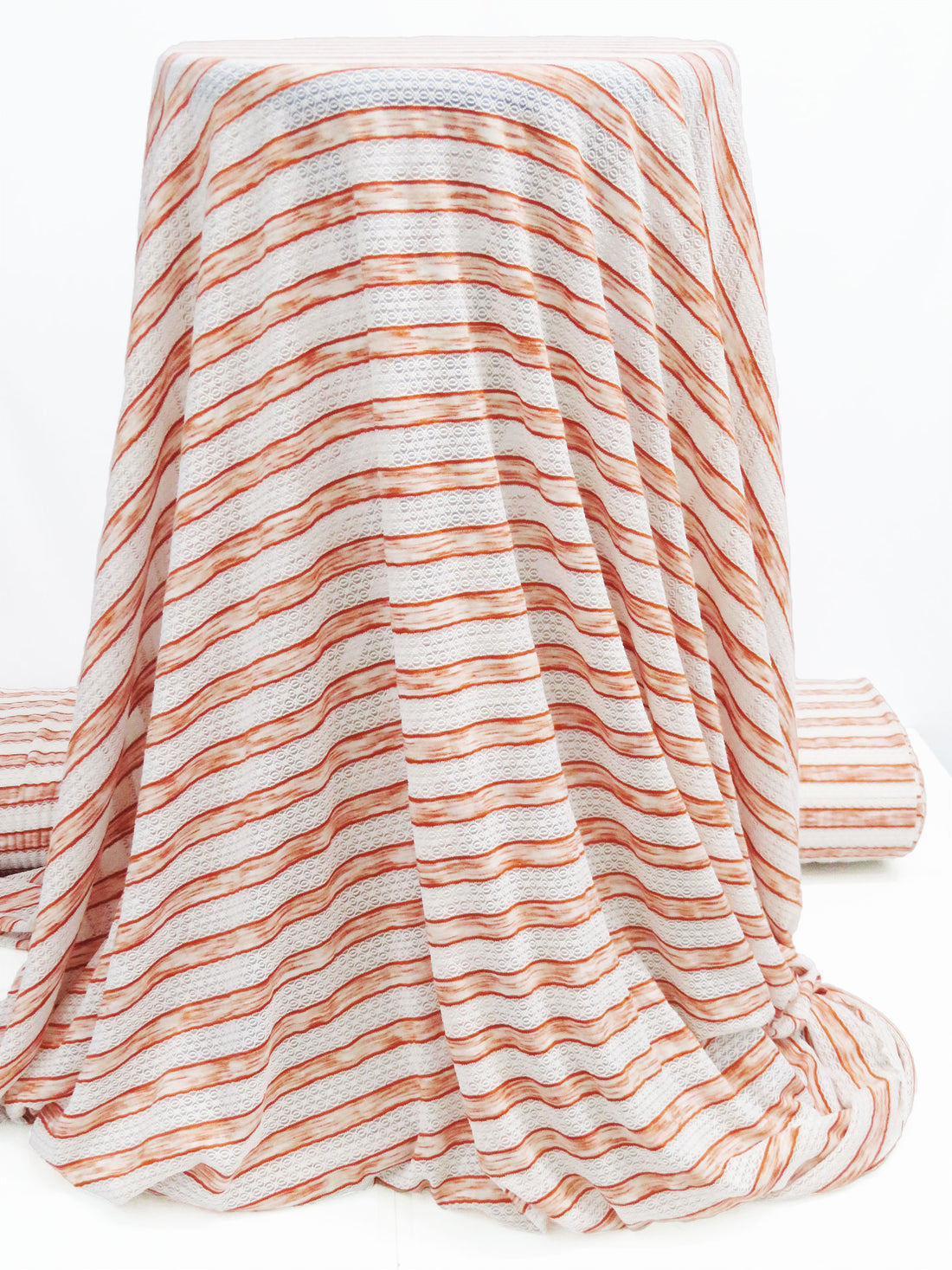 White/Heathered Flame Orange Polyester/Lycra Horizontal Multi Stripe Novelty Weave Knit 62W