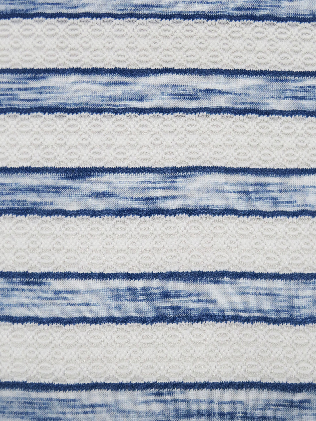 White/Heathered Sapphire Polyester/Lycra Horizontal Multi Stripe Novelty Weave Knit 62W