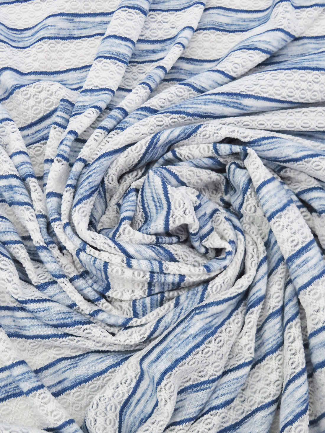 White/Heathered Sapphire Polyester/Lycra Horizontal Multi Stripe Novelty Weave Knit 62W