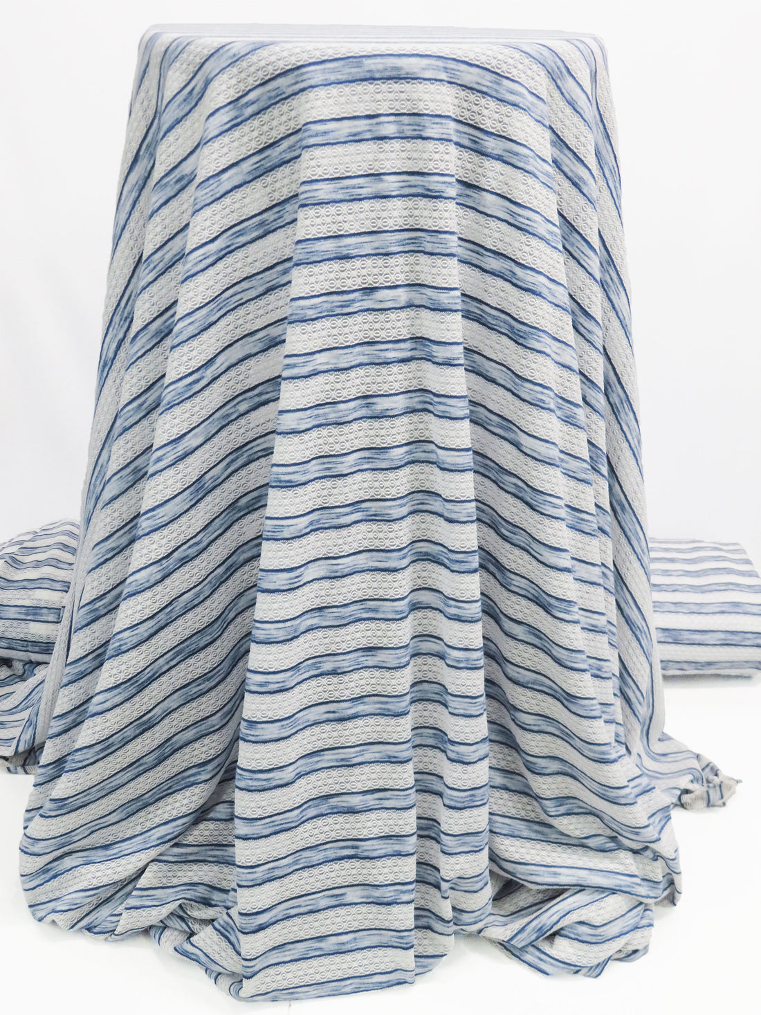 White/Heathered Sapphire Polyester/Lycra Horizontal Multi Stripe Novelty Weave Knit 62W