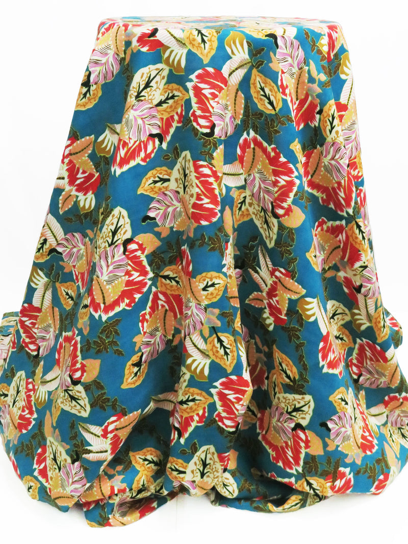 Dark Teal/Poppy Red/Sand/Multi 100% Rayon Tropical Floral Print Twill Challis 58W