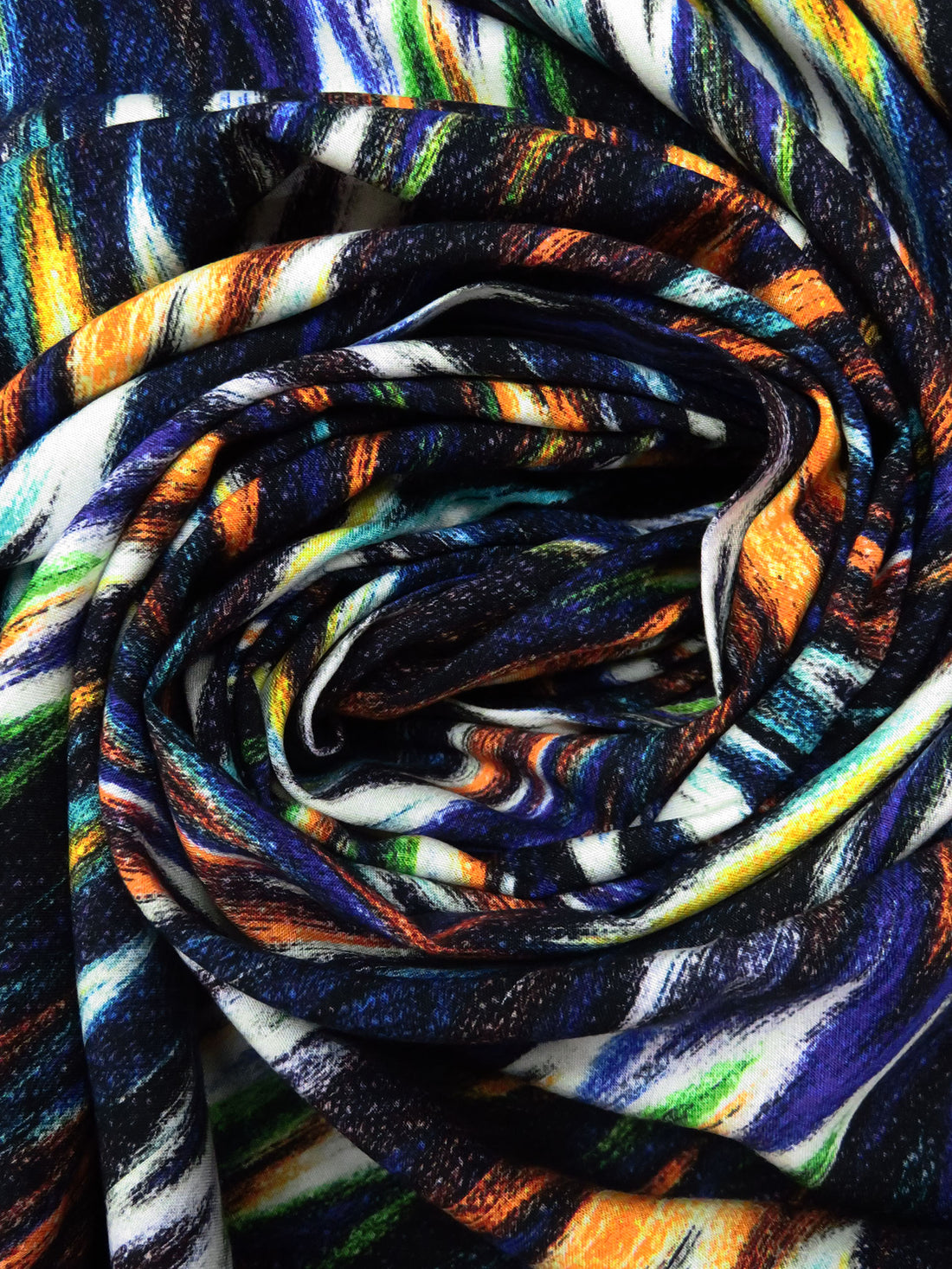 Dark Navy/Orange Flame/Aqua/Multi 100% Rayon Abstract Ikat Print Challis 58W