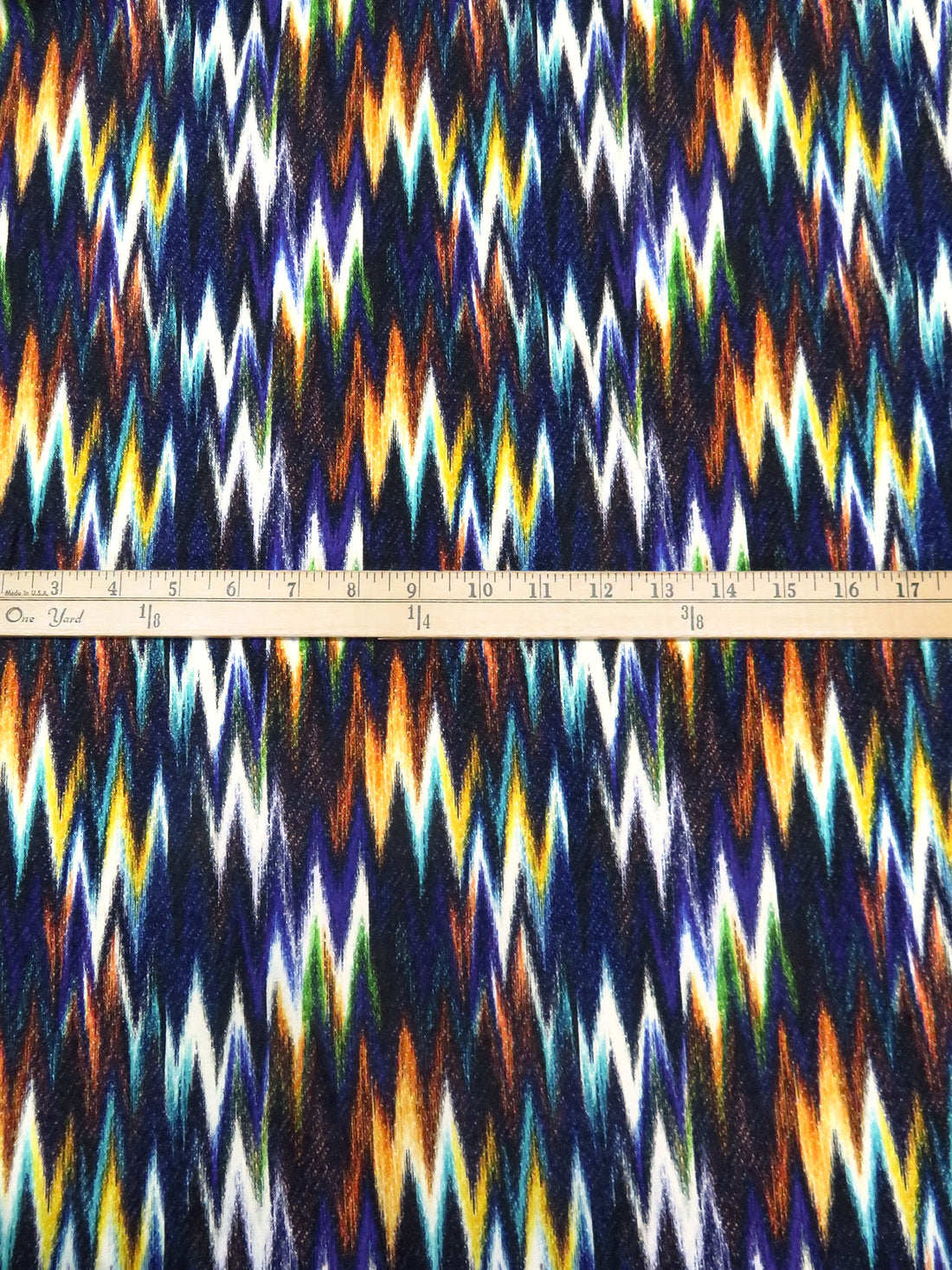 Dark Navy/Orange Flame/Aqua/Multi 100% Rayon Abstract Ikat Print Challis 58W