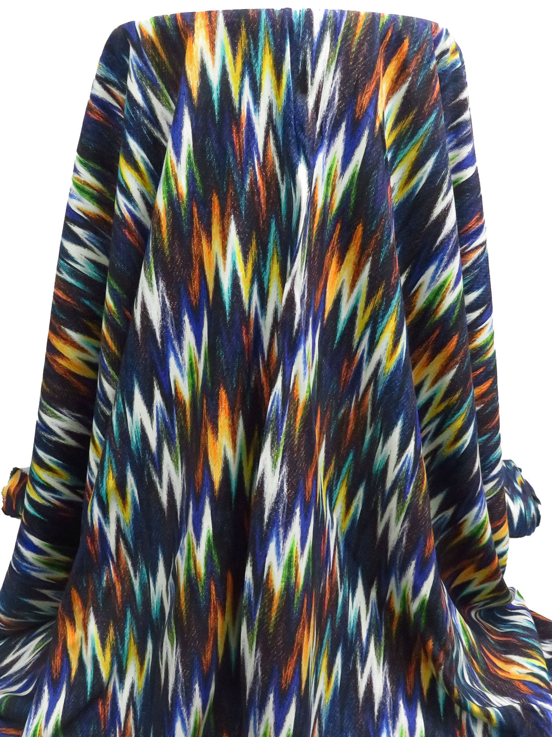 Dark Navy/Orange Flame/Aqua/Multi 100% Rayon Abstract Ikat Print Challis 58W