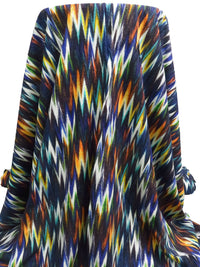 Dark Navy/Orange Flame/Aqua/Multi 100% Rayon Abstract Ikat Print Challis 58W