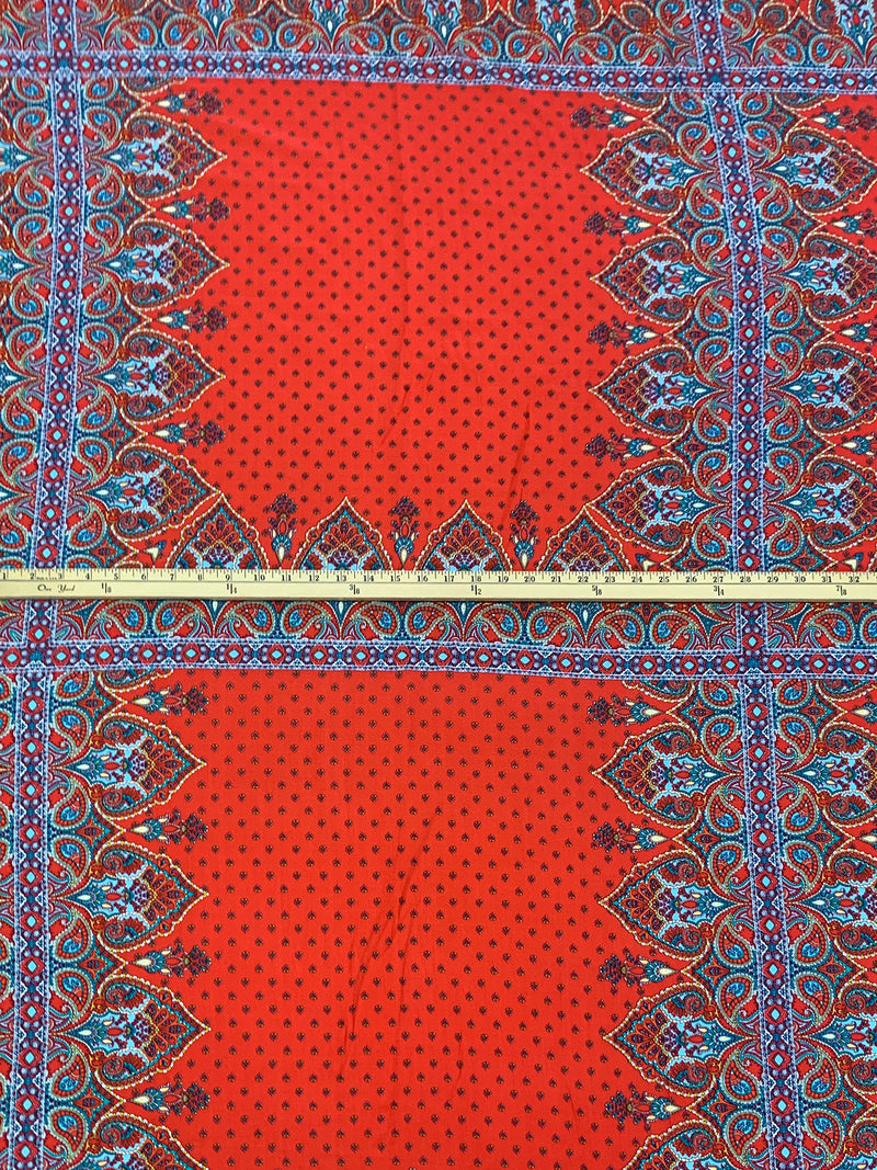 Scarlet Red/Pale Blue/Yellow/Multi 100% Polyester Large Ornate Paisley Print Crepe Blouse Weight Woven 54W