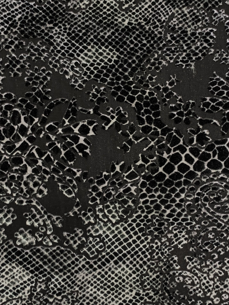 Silver/Black Polyester/Lycra Animal-Look Print Floral Burnout Velvet Knit 54W