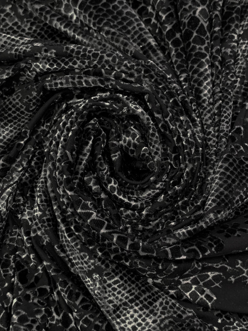Silver/Black Polyester/Lycra Animal-Look Print Floral Burnout Velvet Knit 54W