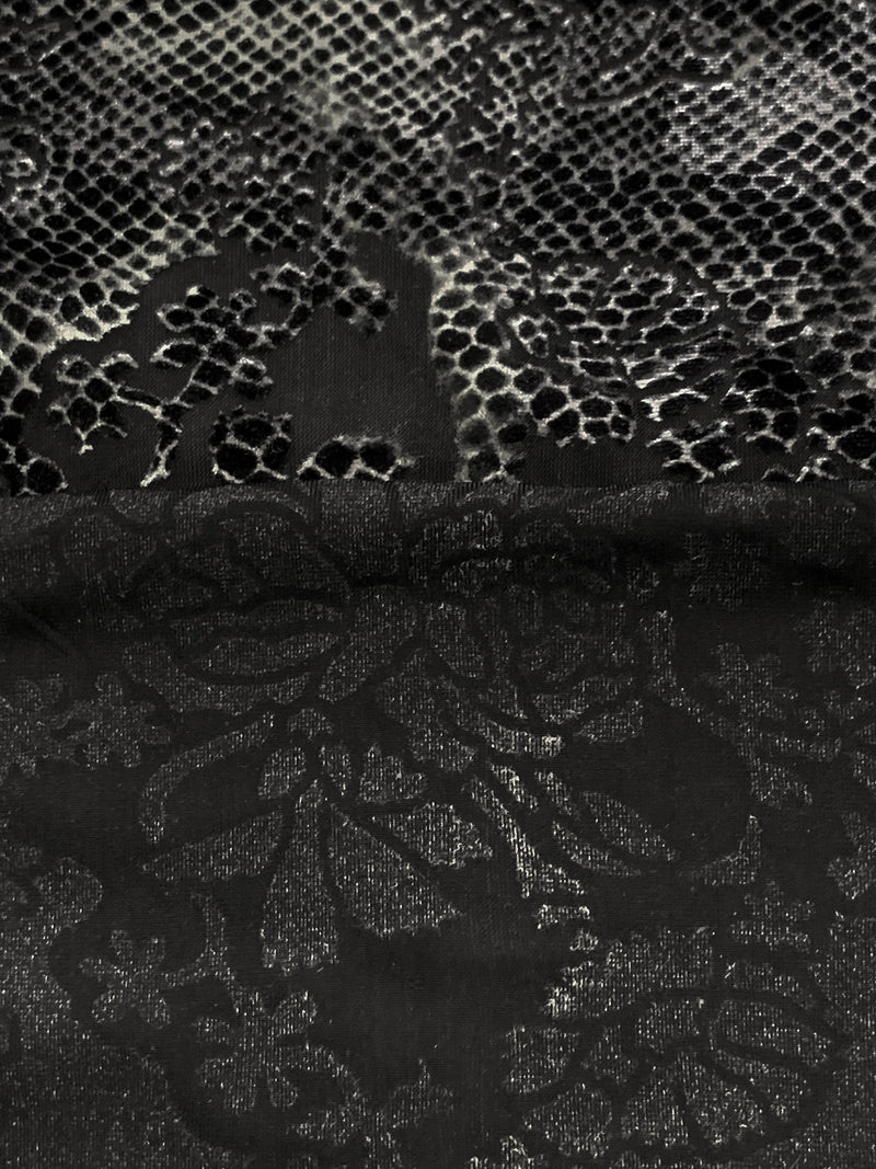 Silver/Black Polyester/Lycra Animal-Look Print Floral Burnout Velvet Knit 54W