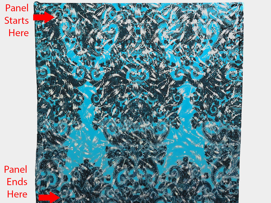 SOLD BY THE PANEL ONLY - Pacific Blue/Silver/Black Polyester/Lycra Foil Paint Splats On Ornate Print ITY Knit 58W