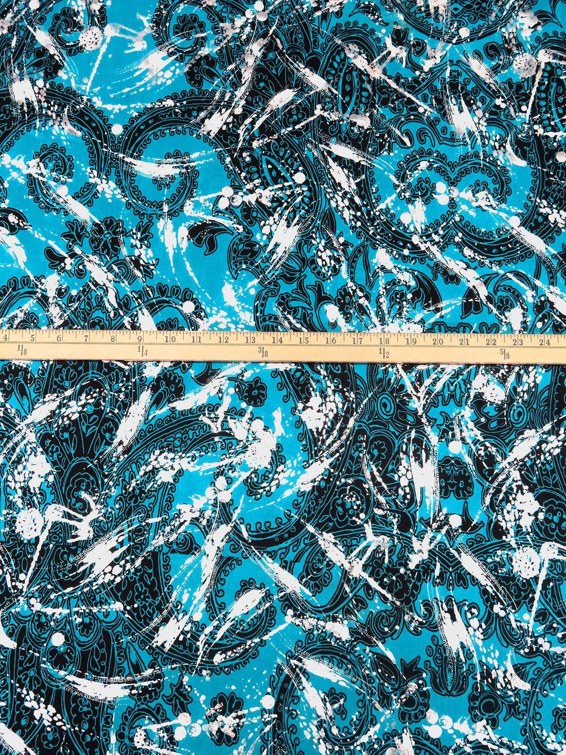 SOLD BY THE PANEL ONLY - Pacific Blue/Silver/Black Polyester/Lycra Foil Paint Splats On Ornate Print ITY Knit 58W
