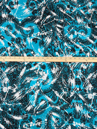 SOLD BY THE PANEL ONLY - Pacific Blue/Silver/Black Polyester/Lycra Foil Paint Splats On Ornate Print ITY Knit 58W
