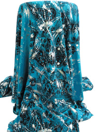SOLD BY THE PANEL ONLY - Pacific Blue/Silver/Black Polyester/Lycra Foil Paint Splats On Ornate Print ITY Knit 58W