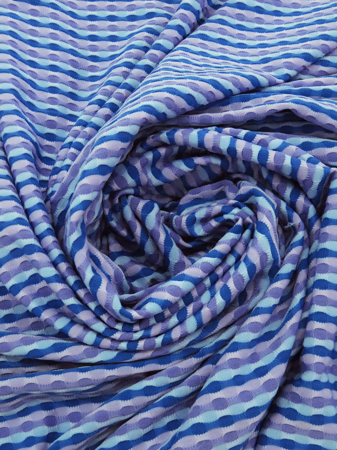 Azure/Lilac/Powder Blue/Lavender Polyester/Lycra Horizontal Ogee Stripe Novelty Weave Knit 56W