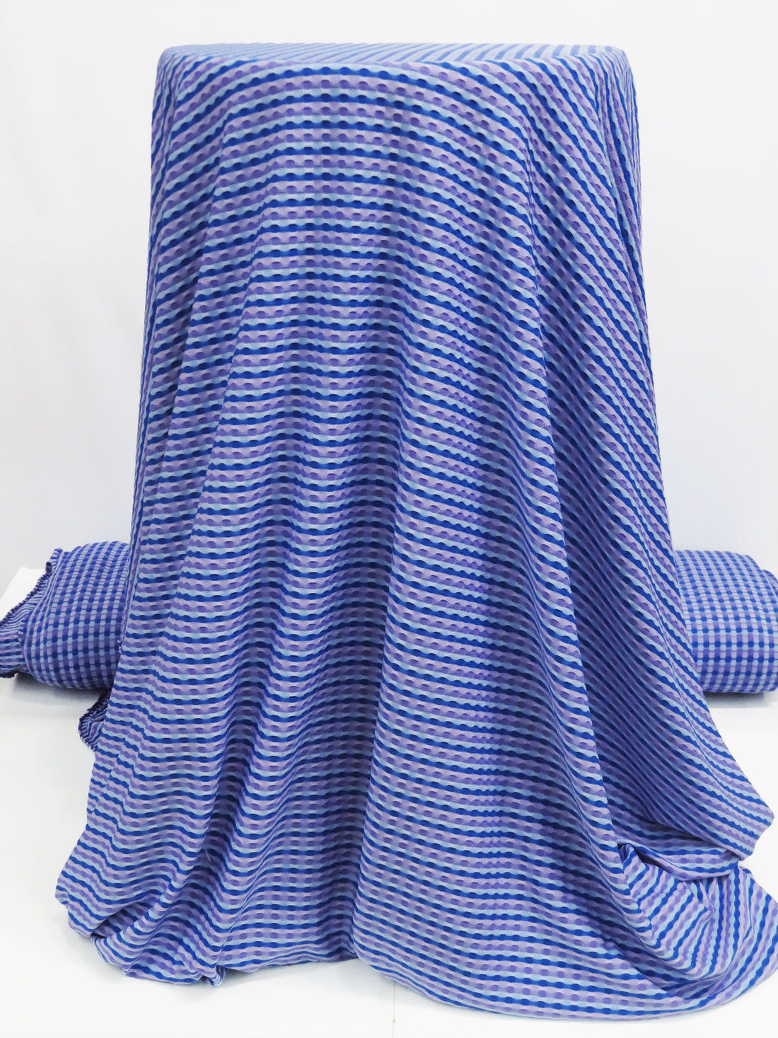 Azure/Lilac/Powder Blue/Lavender Polyester/Lycra Horizontal Ogee Stripe Novelty Weave Knit 56W