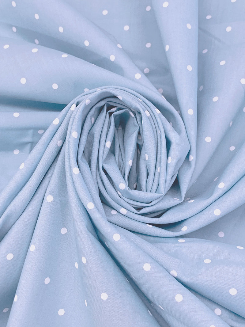 Light Blue/White 100% Cotton Polka Dot Print Shirting 56W