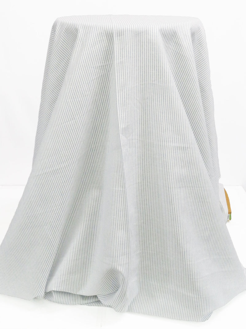 White/Slate Blue Cotton/Linen Vertical Pinstripe Shirt Weight Woven 44W
