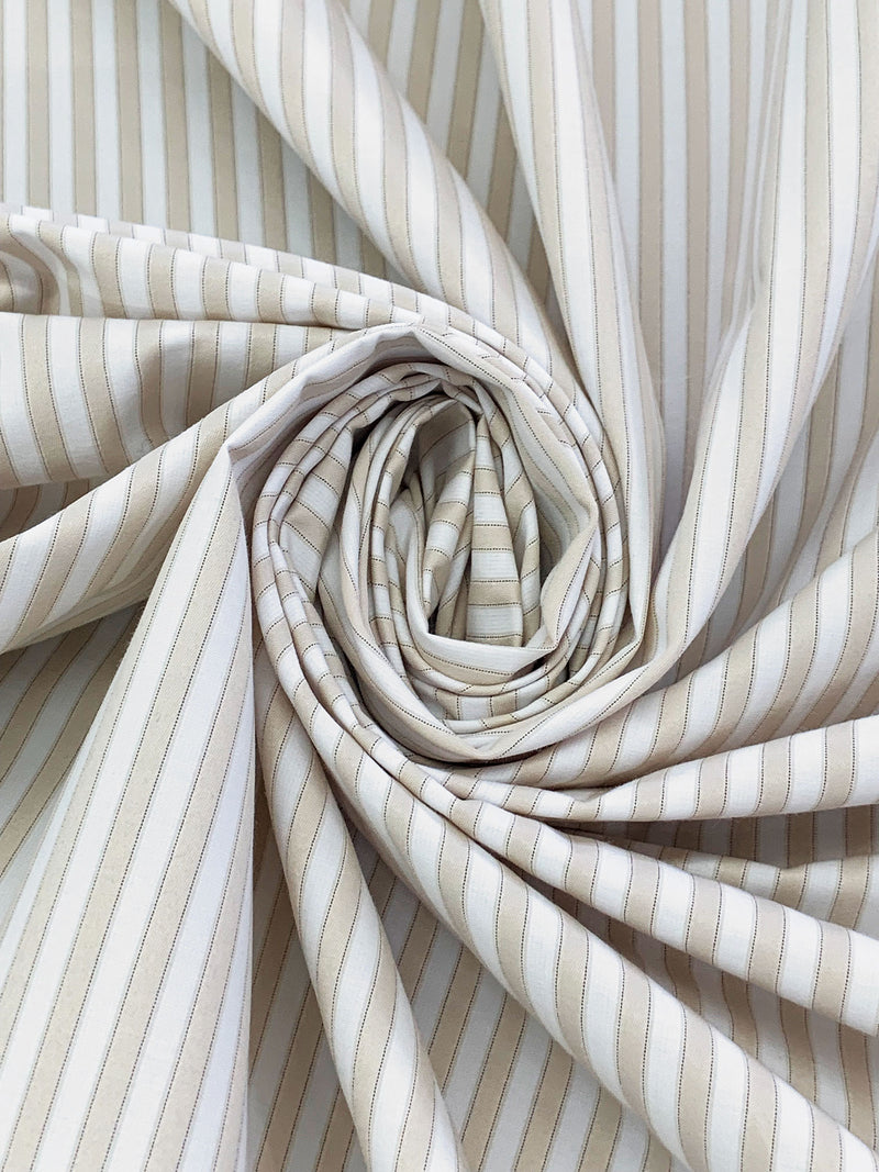 Beige/White/Brown Cotton/Polyester Vertical Satin Stripe Shirting 58W