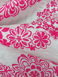 Cerise Pink/White 100% Cotton Paisley Shaped Floral Print On Wide Seersucker Vertical Stripe Voile - Tori Richard - 47W