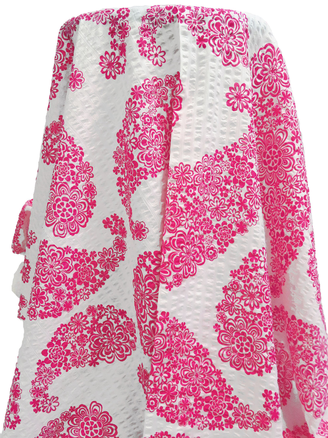 Cerise Pink/White 100% Cotton Paisley Shaped Floral Print On Wide Seersucker Vertical Stripe Voile - Tori Richard - 47W