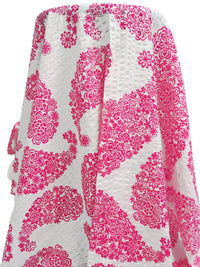 Cerise Pink/White 100% Cotton Paisley Shaped Floral Print On Wide Seersucker Vertical Stripe Voile - Tori Richard - 47W