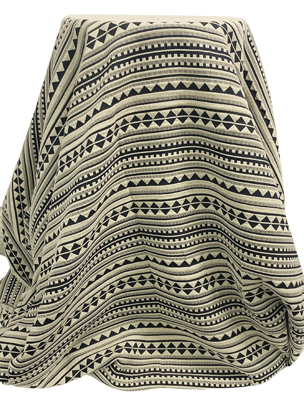 Sand/Black Cotton/Polyester/Lycra Horizontal Geometric Stripe Stretch Jacquard Suiting - NY Designer - 54W