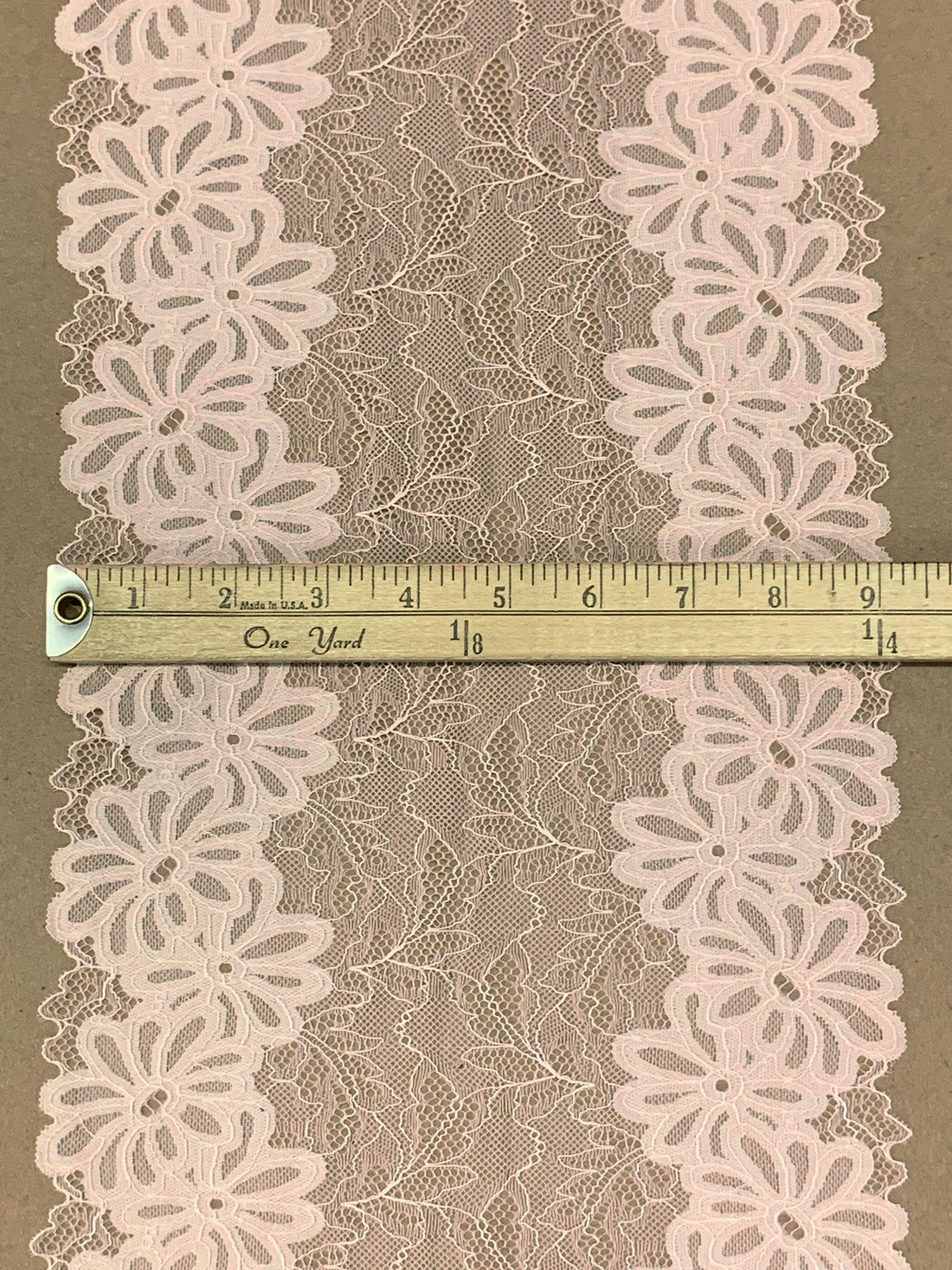 9" Pale Ballet Pink Polyester/Lycra Double Scalloped Floral Stretch Lace Trim