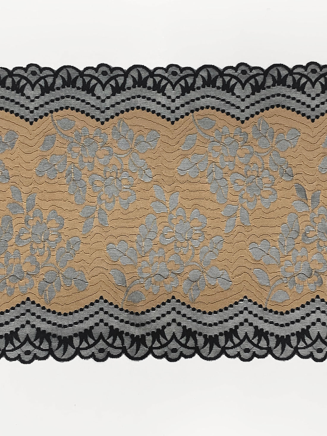 10" Black/Tan Polyester/Lycra Double Scalloped Floral Stretch Lace Trim
