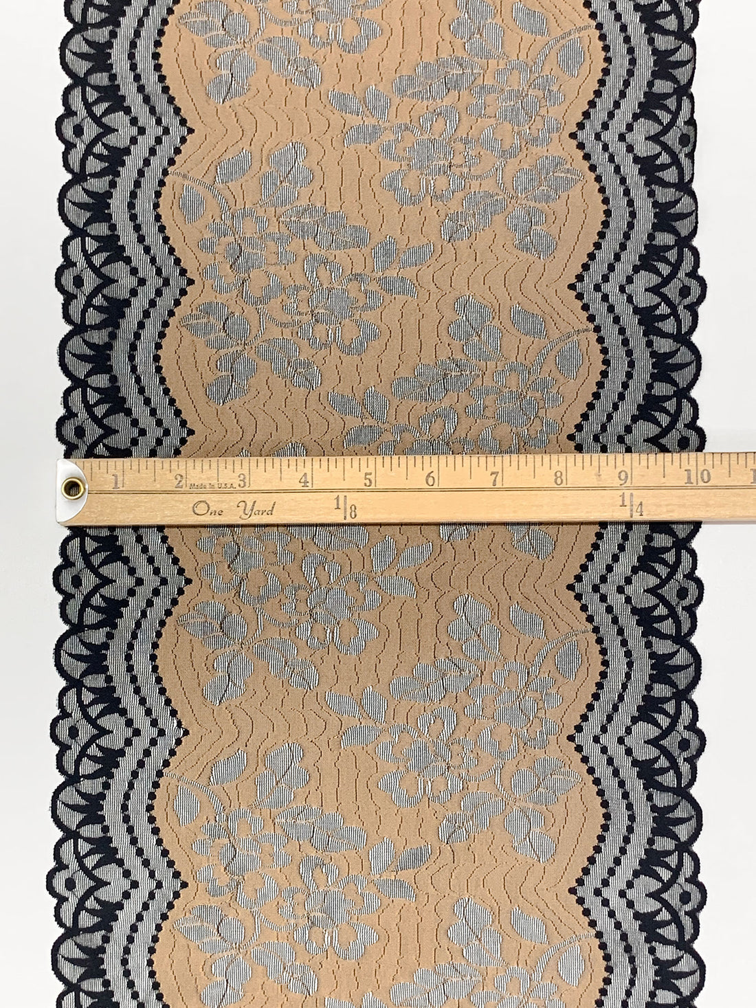 10" Black/Tan Polyester/Lycra Double Scalloped Floral Stretch Lace Trim