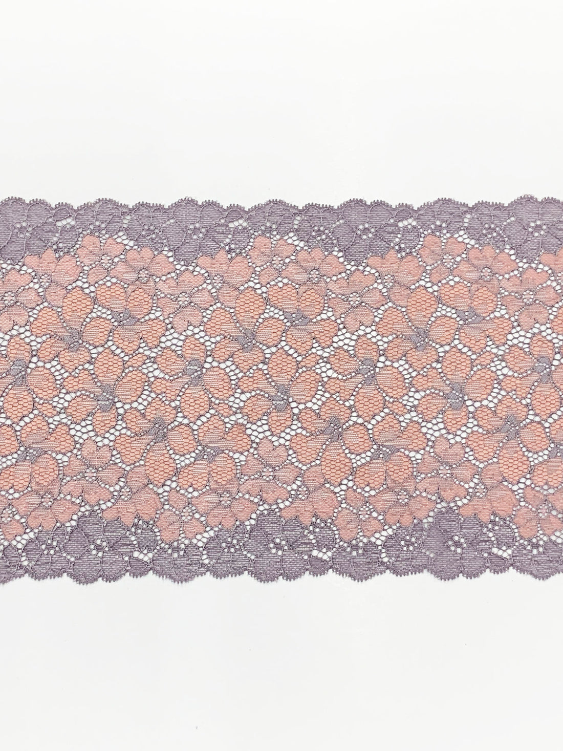 8" Pale Dusty Pink/Slate Tint Nylon/Lycra Double Scalloped Floral Stretch Lace Trim