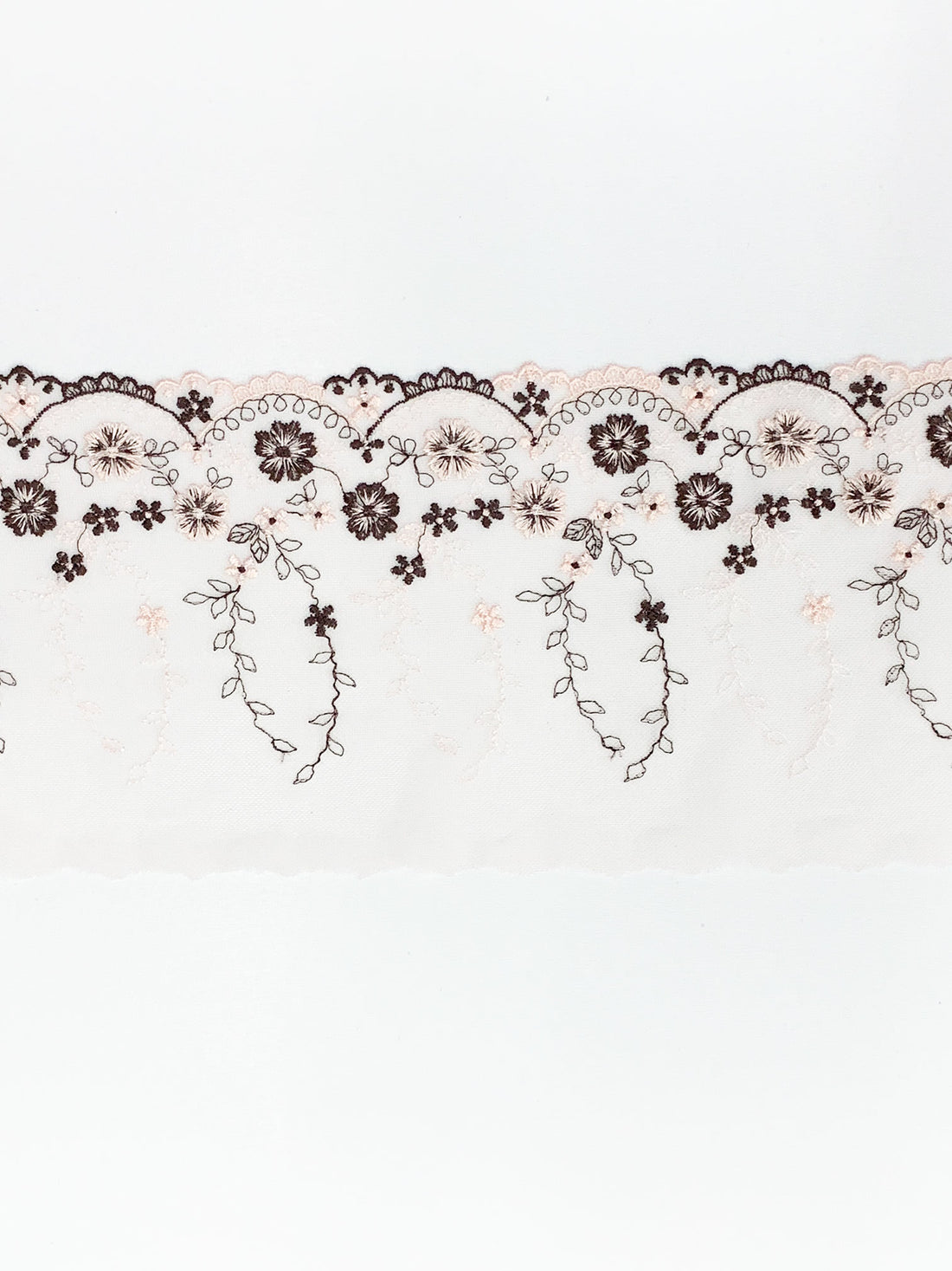 7" Pearl/Dark Taupe 100% Nylon Single Scalloped Embroidered Floral Lace Netting