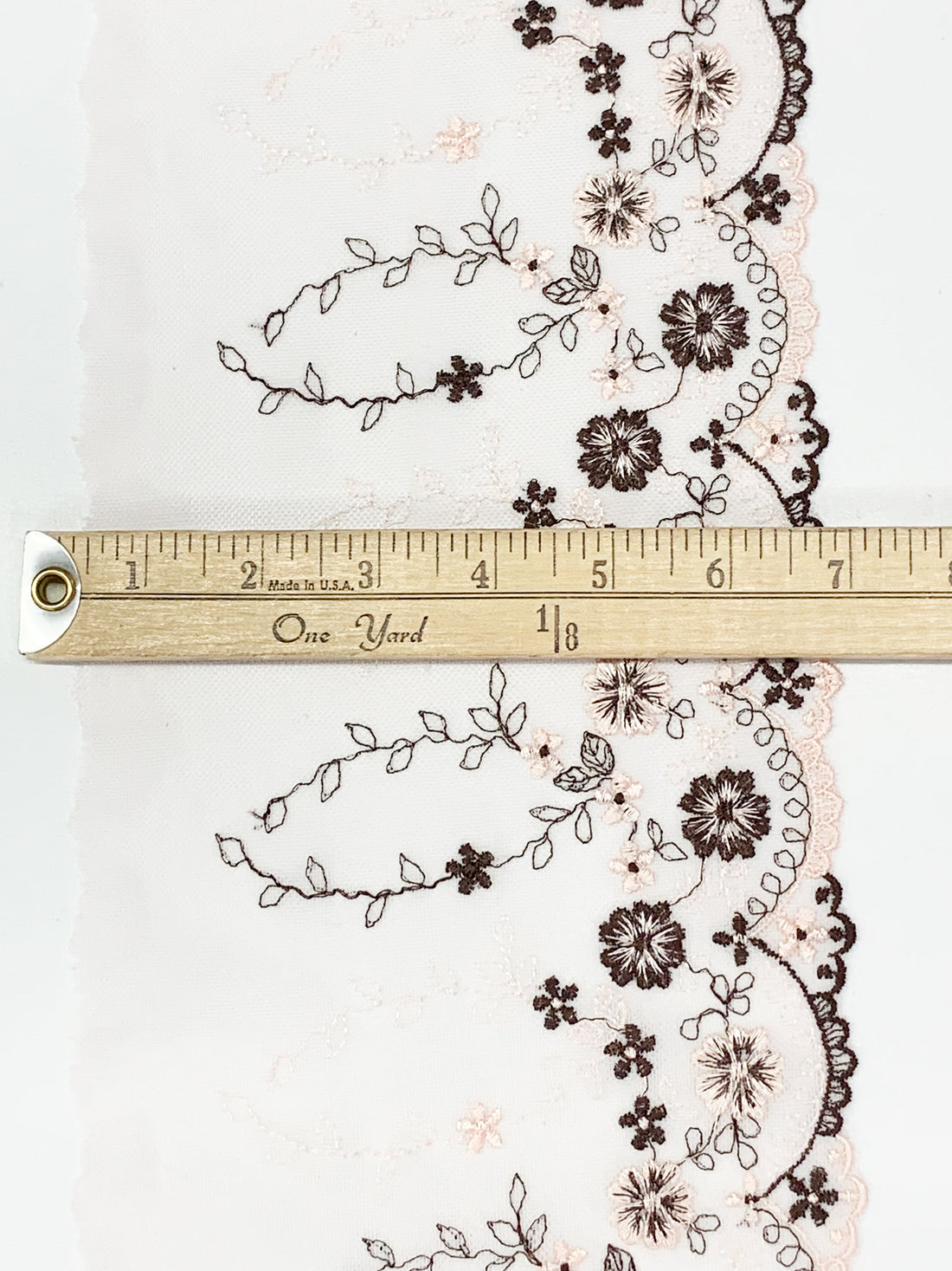 7" Pearl/Dark Taupe 100% Nylon Single Scalloped Embroidered Floral Lace Netting