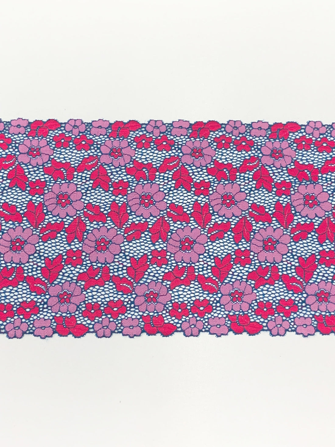 8" Dusk Blue/Cerise/Lavender Pink Nylon/Lycra Double Scalloped Floral Stretch Lace Trim