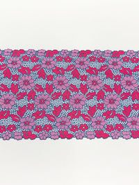 8" Dusk Blue/Cerise/Lavender Pink Nylon/Lycra Double Scalloped Floral Stretch Lace Trim