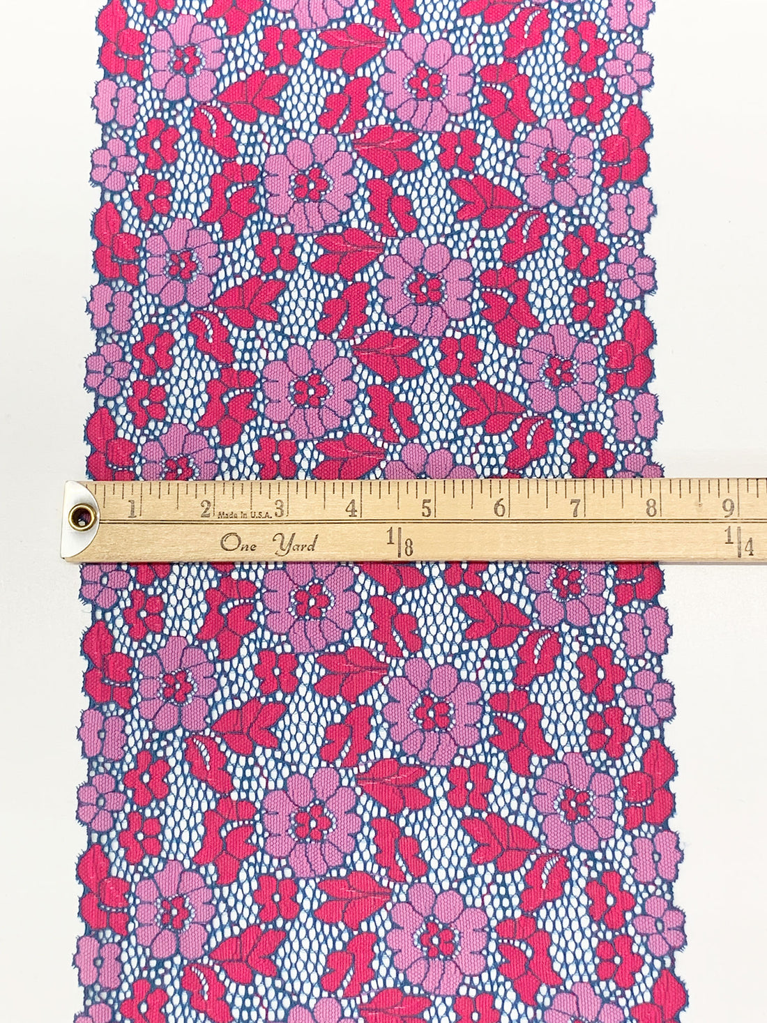 8" Dusk Blue/Cerise/Lavender Pink Nylon/Lycra Double Scalloped Floral Stretch Lace Trim