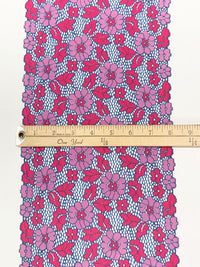 8" Dusk Blue/Cerise/Lavender Pink Nylon/Lycra Double Scalloped Floral Stretch Lace Trim