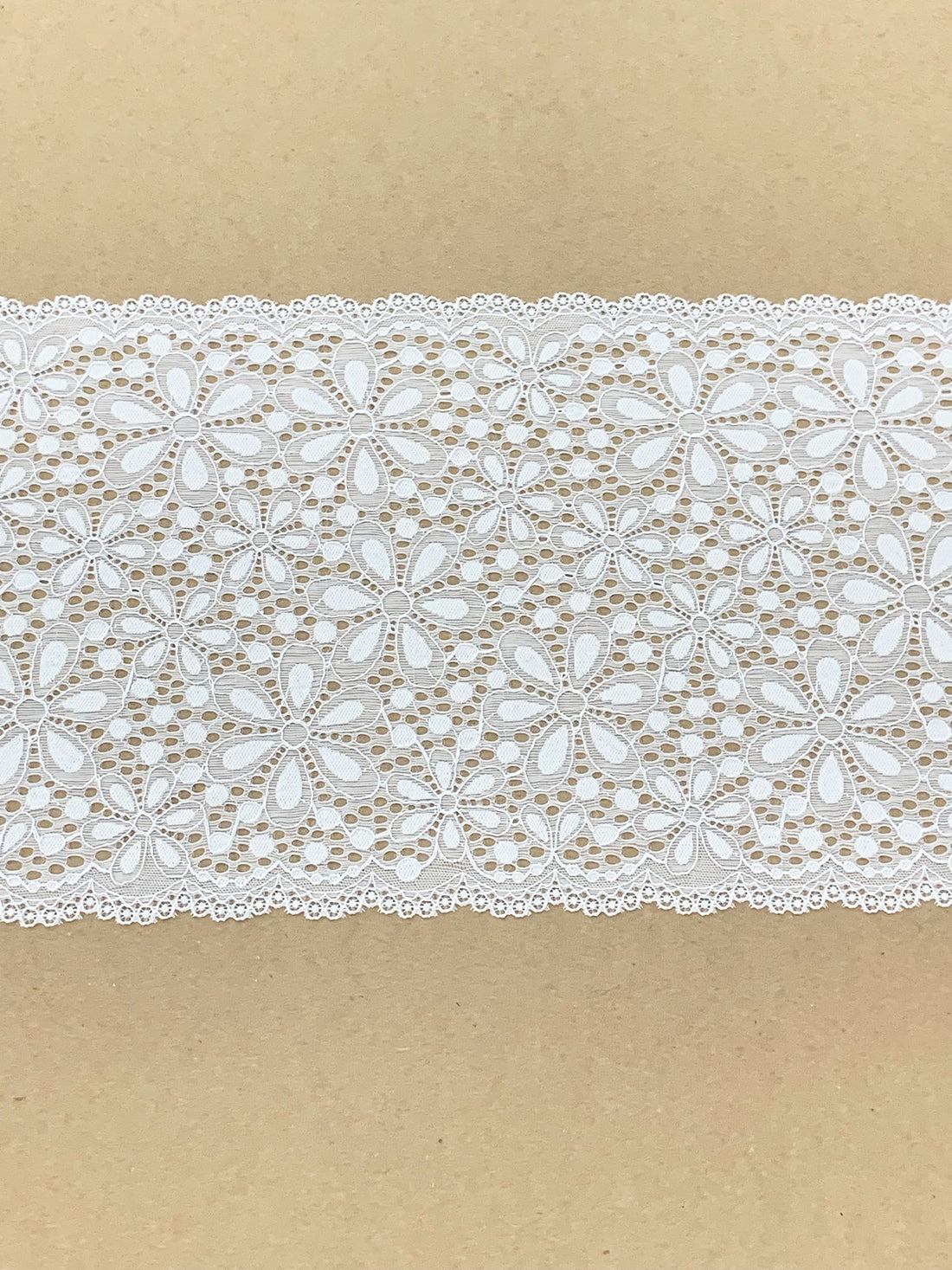 9" White Nylon/Lycra Double Scalloped Floral Stretch Lace Trim