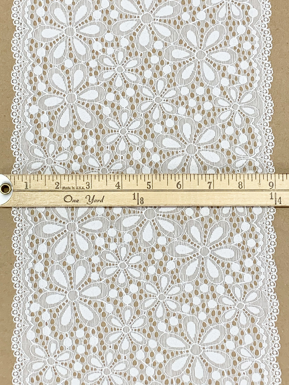 9" White Nylon/Lycra Double Scalloped Floral Stretch Lace Trim