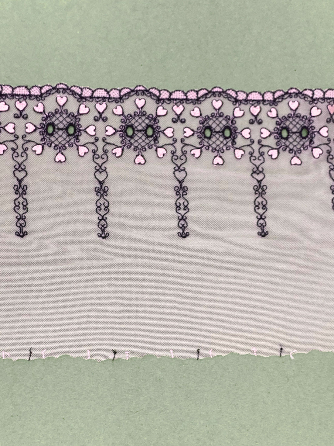 7" Misty Rose Pink/Black 100% Nylon Single Scalloped Embroidered Heart Scrolls Lace Netting