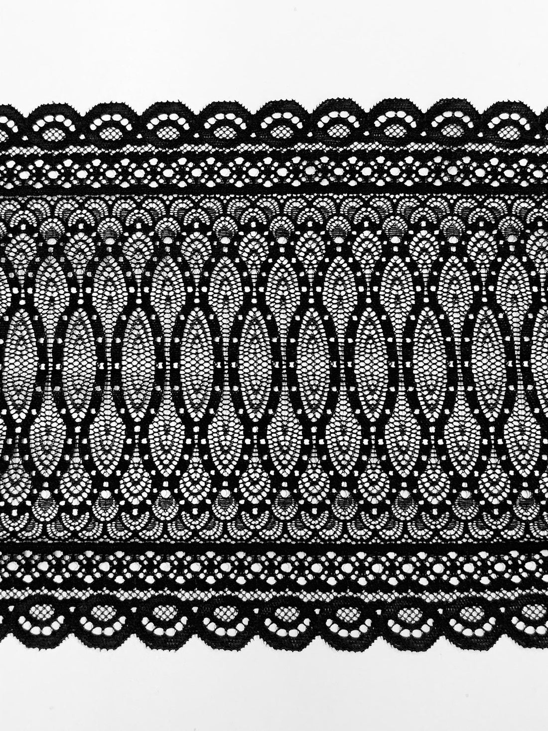 9" Black Polyester/Lycra Double Scalloped Ornate Stretch Lace Trim