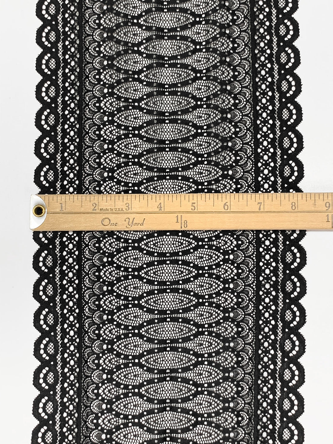 9" Black Polyester/Lycra Double Scalloped Ornate Stretch Lace Trim