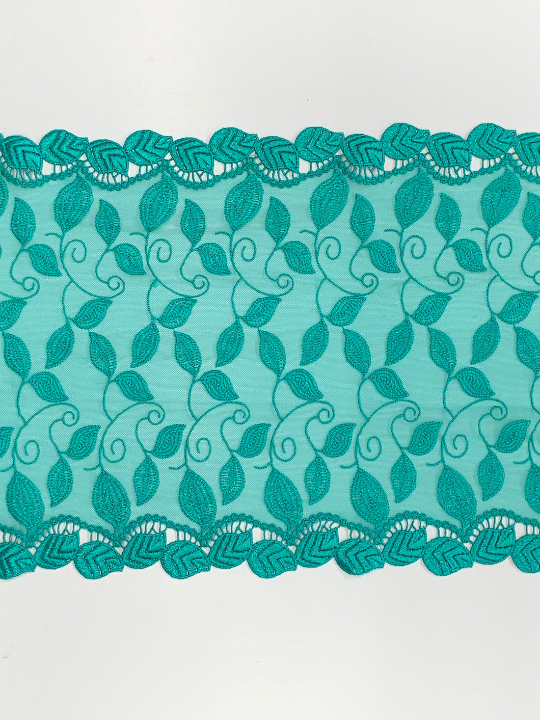 10" Teal Green 100% Nylon Double Scalloped Embroidered Floral Lace Netting