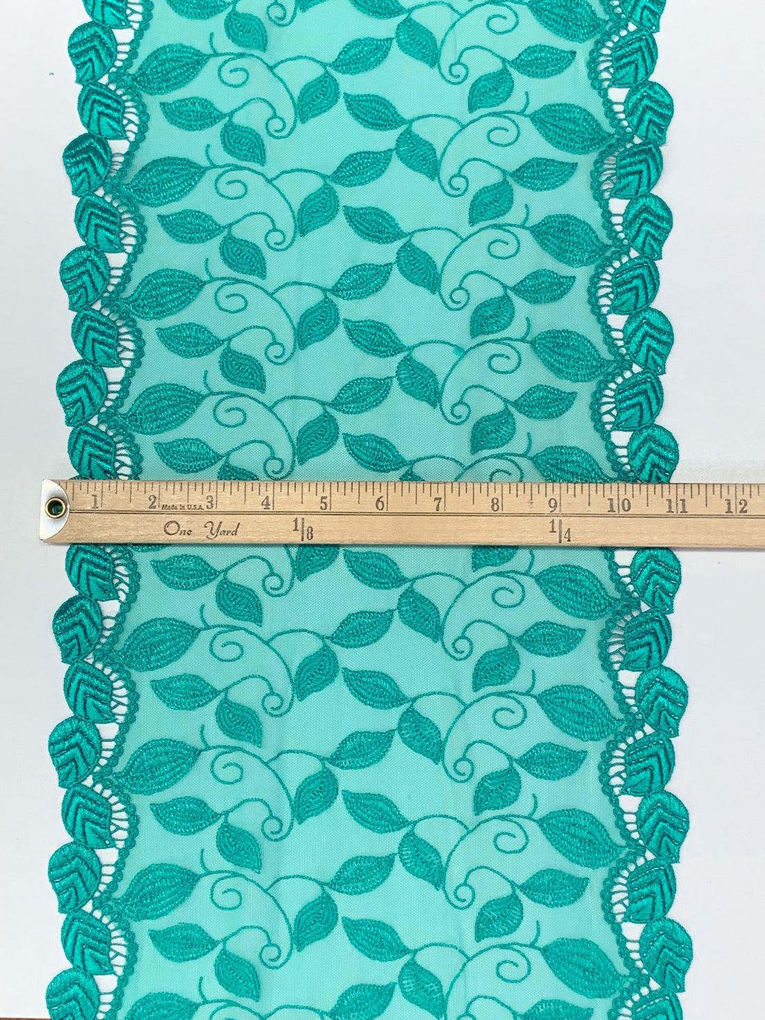 10" Teal Green 100% Nylon Double Scalloped Embroidered Floral Lace Netting