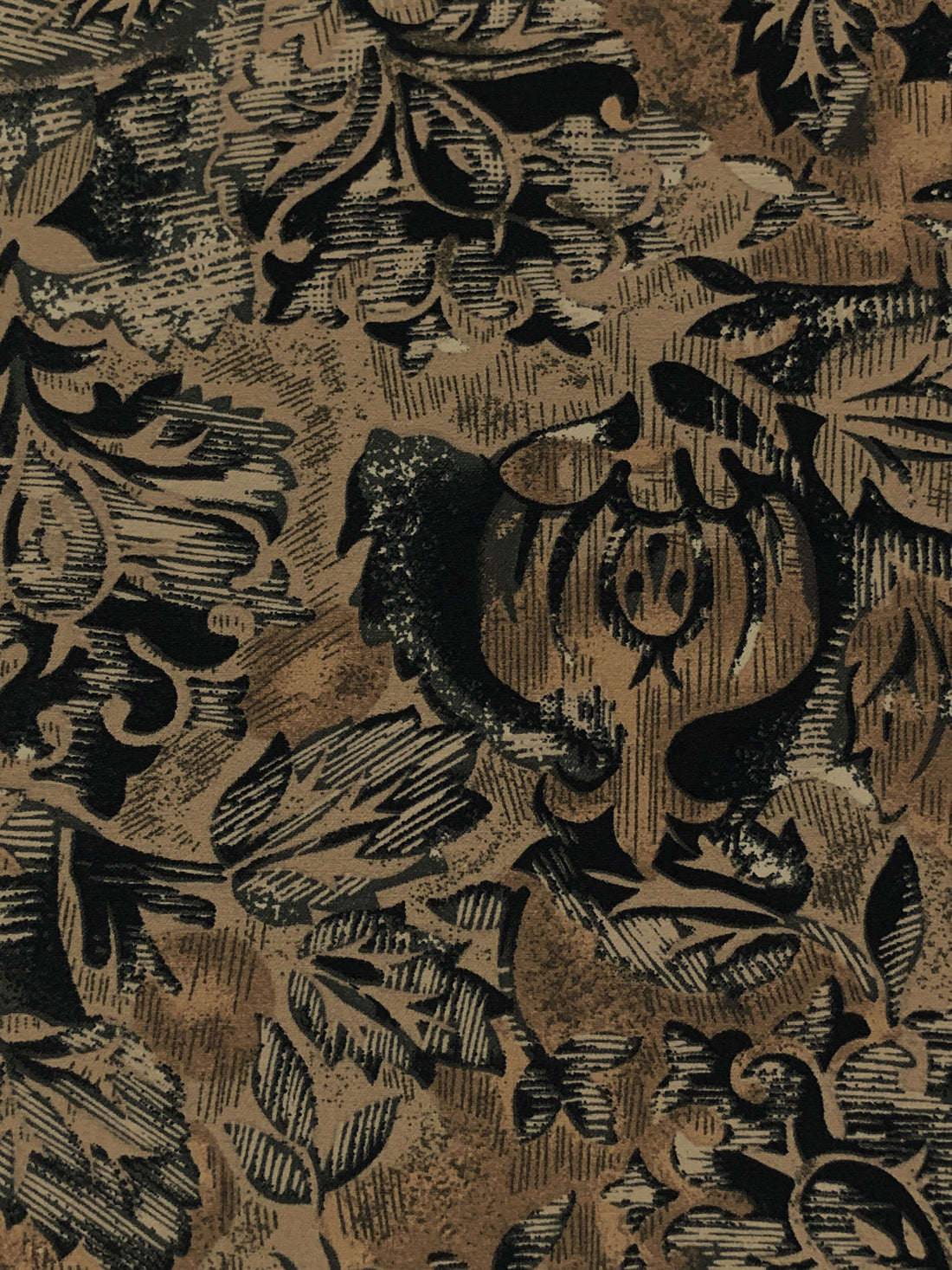 Weathered Oak/Black Rayon/Nylon/Lycra Stylized Abstract Floral Print Stretch Bengaline Suiting - NY Designer - 58W