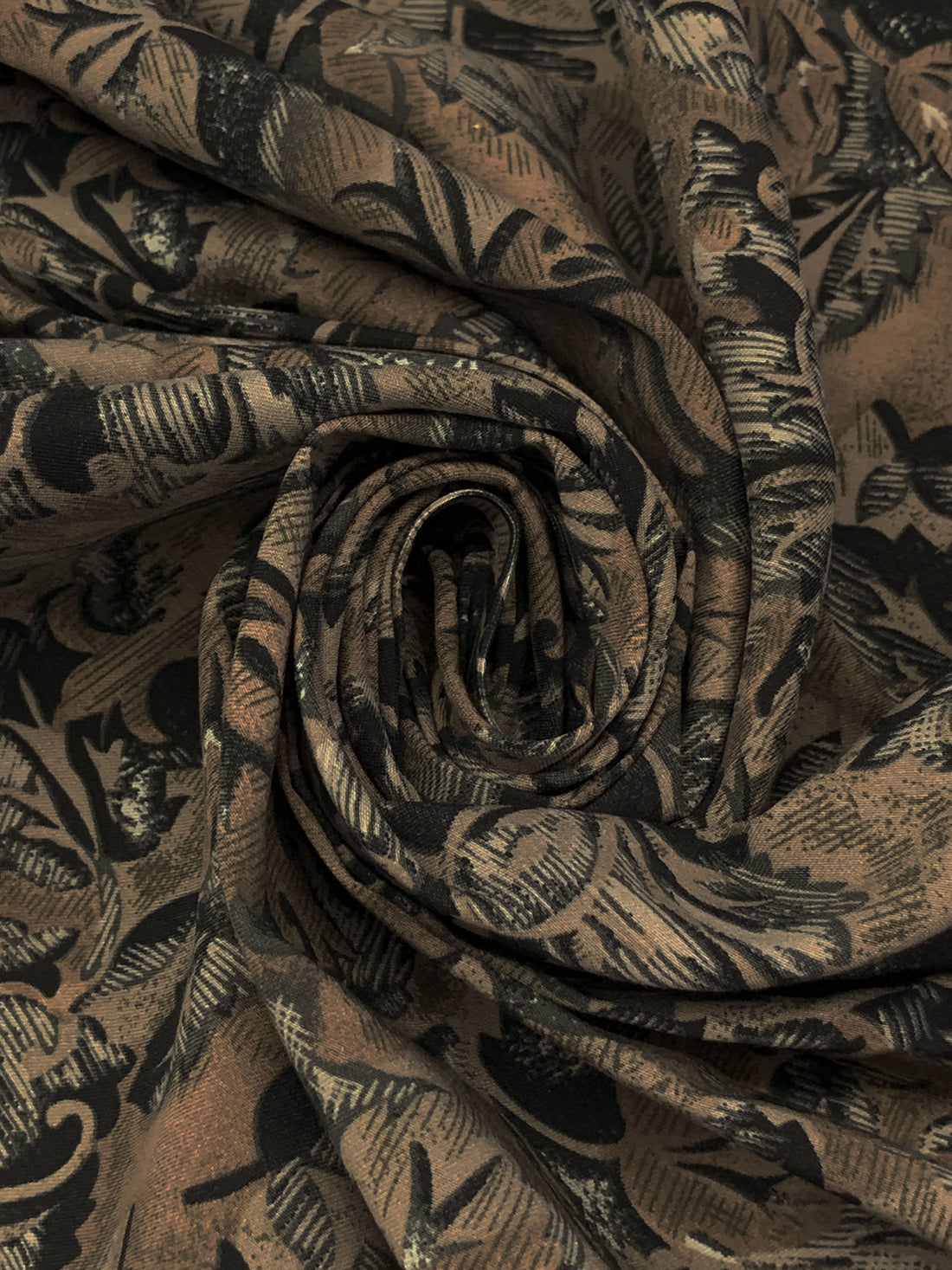 Weathered Oak/Black Rayon/Nylon/Lycra Stylized Abstract Floral Print Stretch Bengaline Suiting - NY Designer - 58W