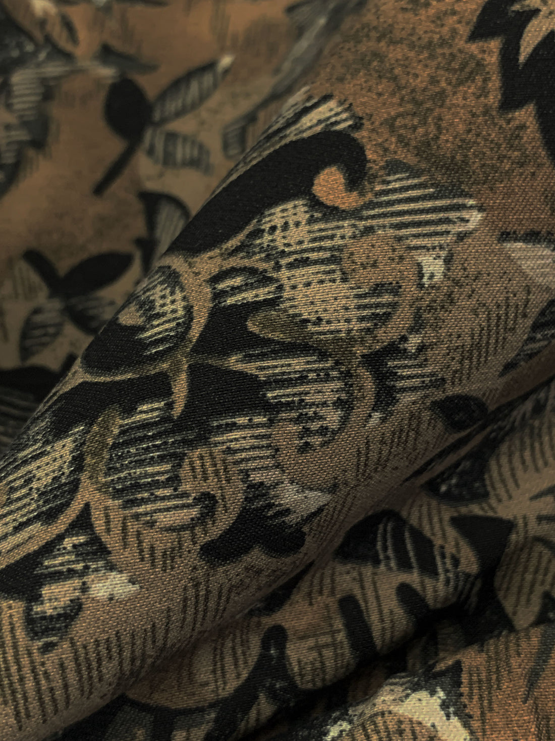 Weathered Oak/Black Rayon/Nylon/Lycra Stylized Abstract Floral Print Stretch Bengaline Suiting - NY Designer - 58W